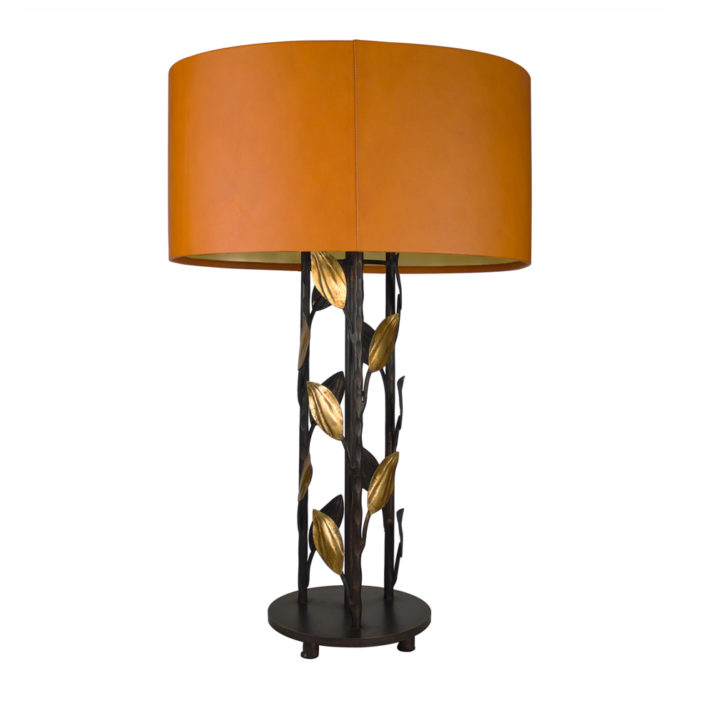 Foliage-Round-Table-Lamp-33Bronze-with-23Deco-Gold-Leaves-and-Leather-Shade